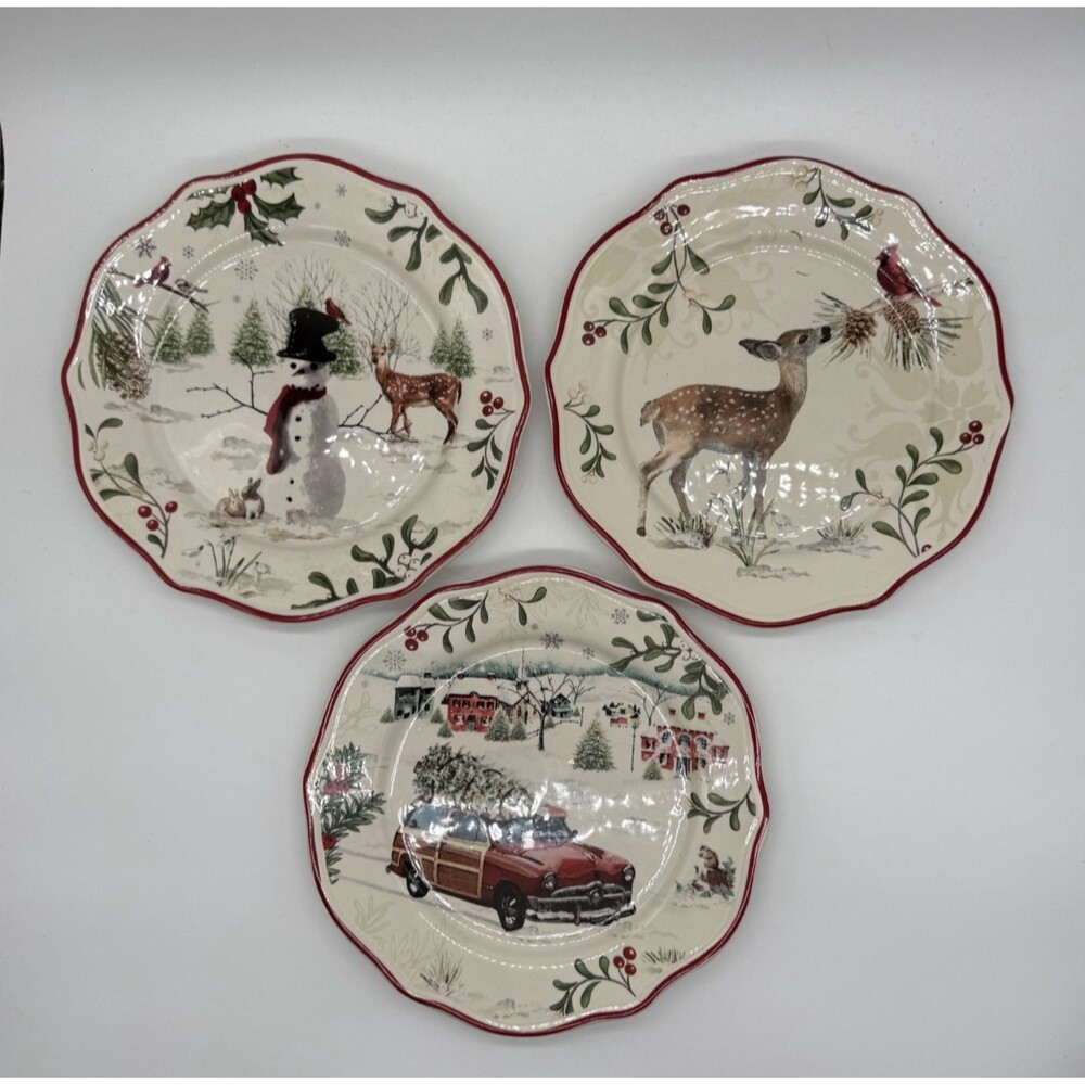 Better Homes & Gardens Winter Forest Christmas salad plates Car Snowman Deer